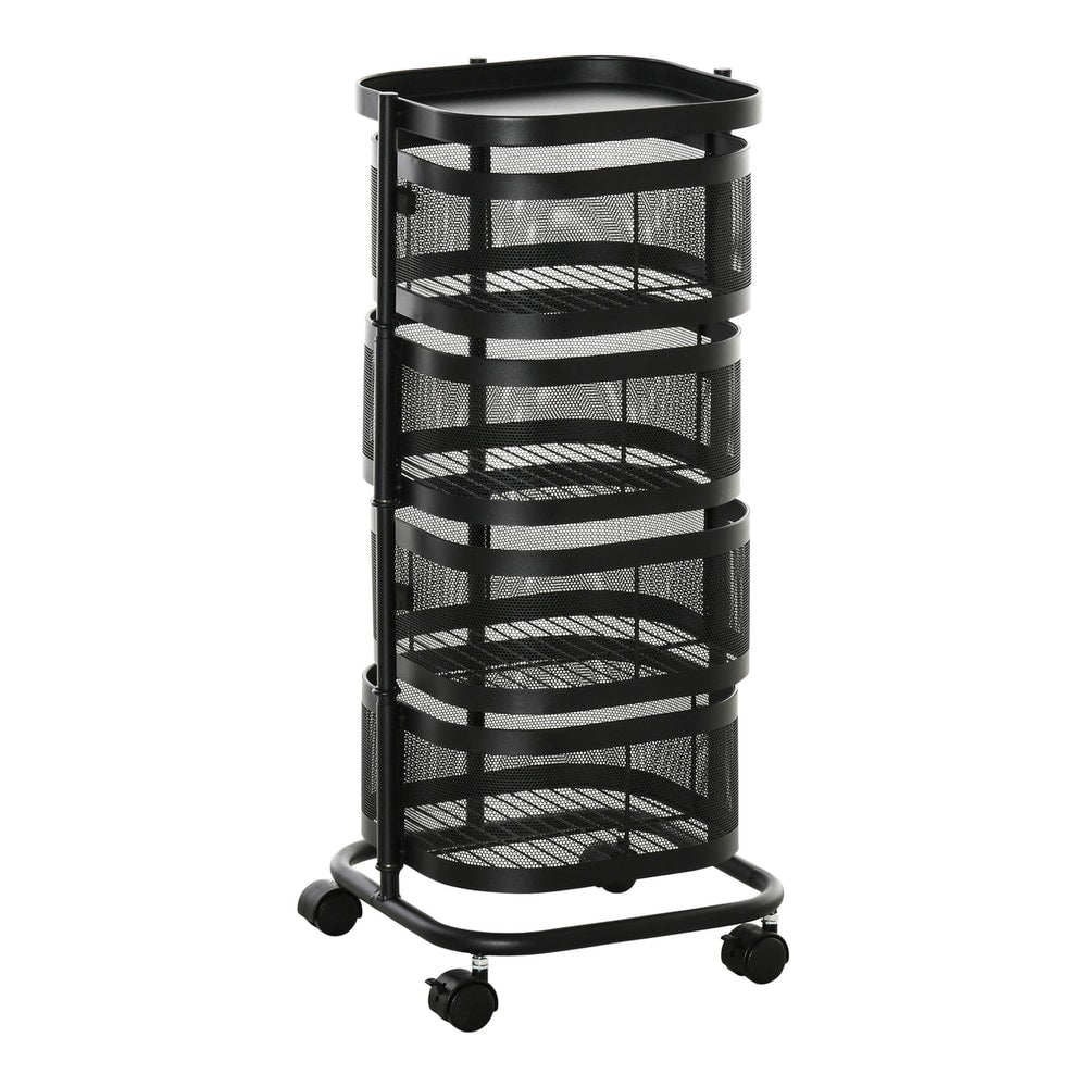 HOMCOM Metal Storage Cart, a black four-tier trolley with mesh baskets and wheels