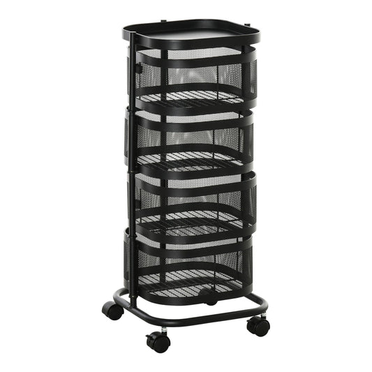 HOMCOM Metal Storage Cart, a black four-tier trolley with mesh baskets and wheels