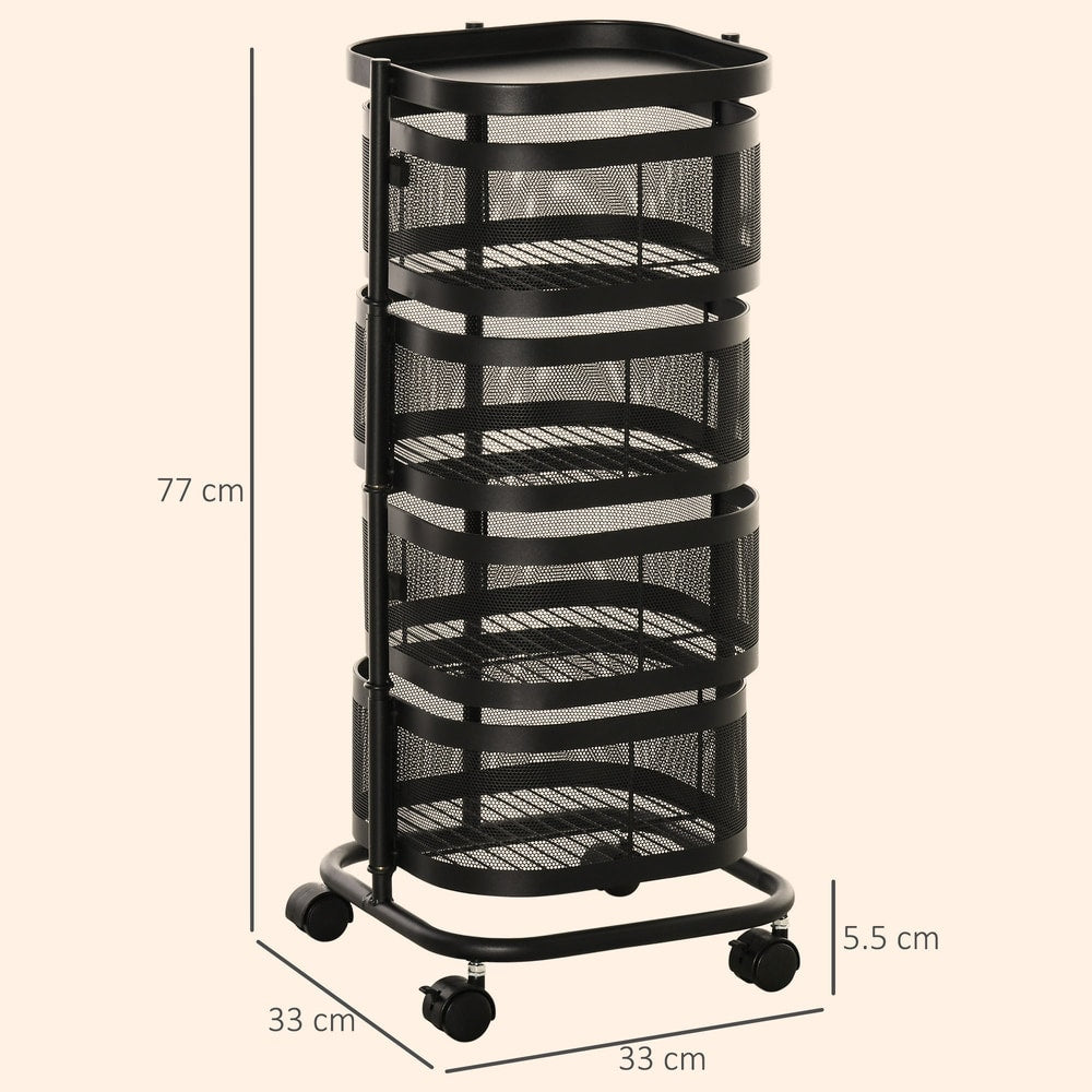 The black storage trolley with dimensions shown on a plain background