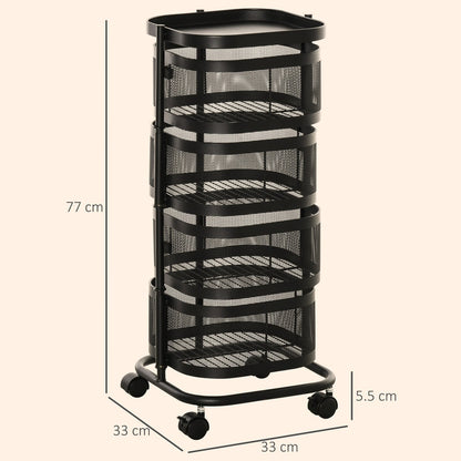 The black storage trolley with dimensions shown on a plain background