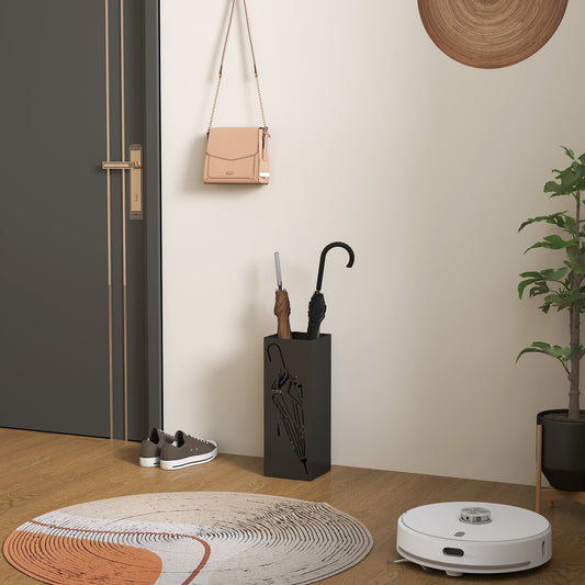 The umbrella holder placed in a modern hallway next to a door and a rug