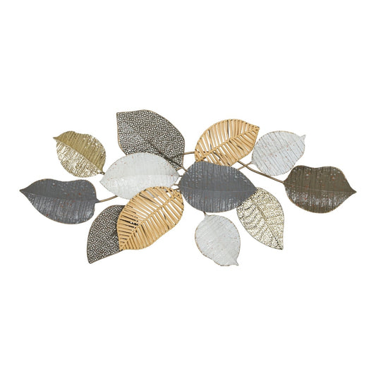 HOMCOM Metal Wall Art featuring a cluster of assorted metallic leaves in gold grey and white tones