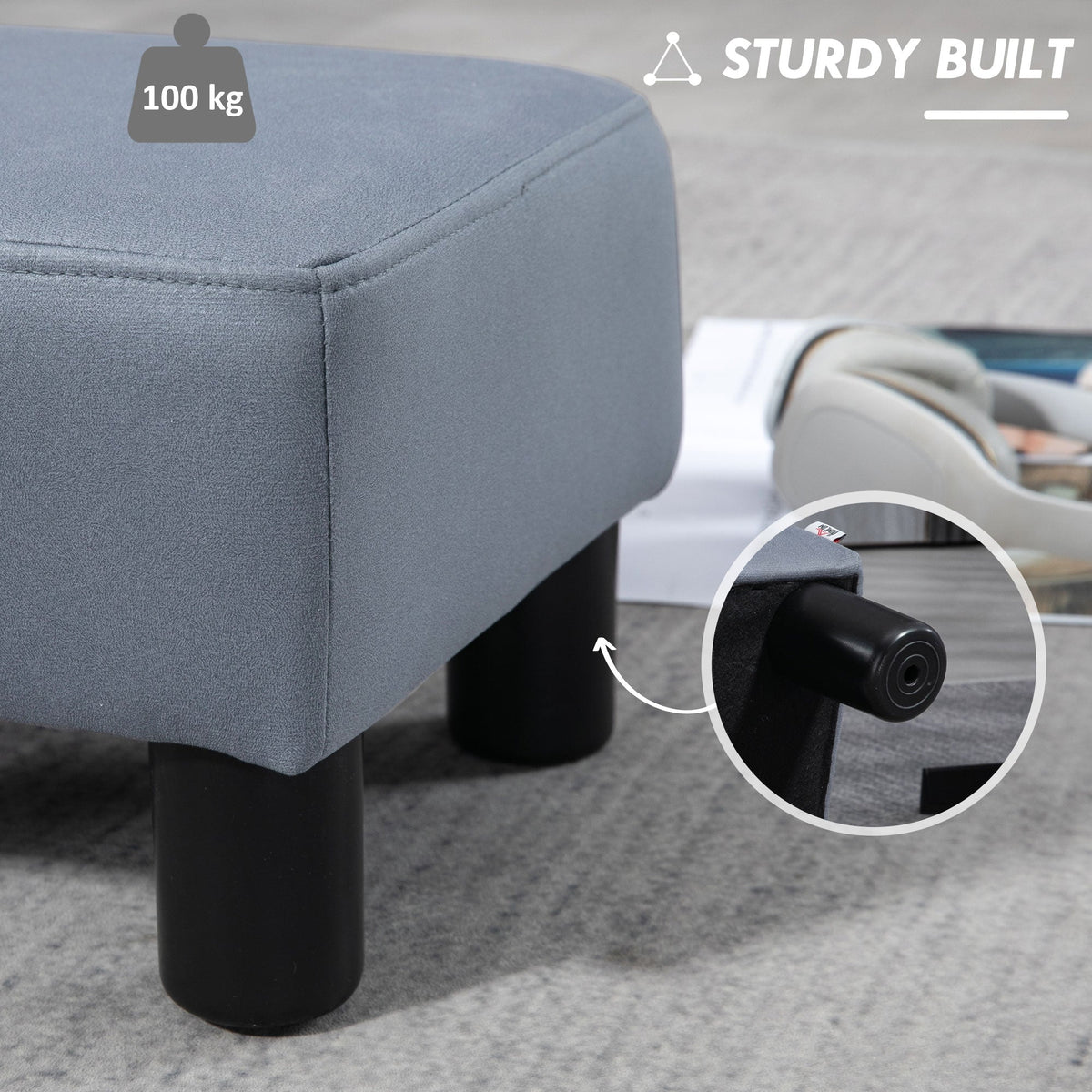 The sturdy built small footstool with a close-up of its leg attachment