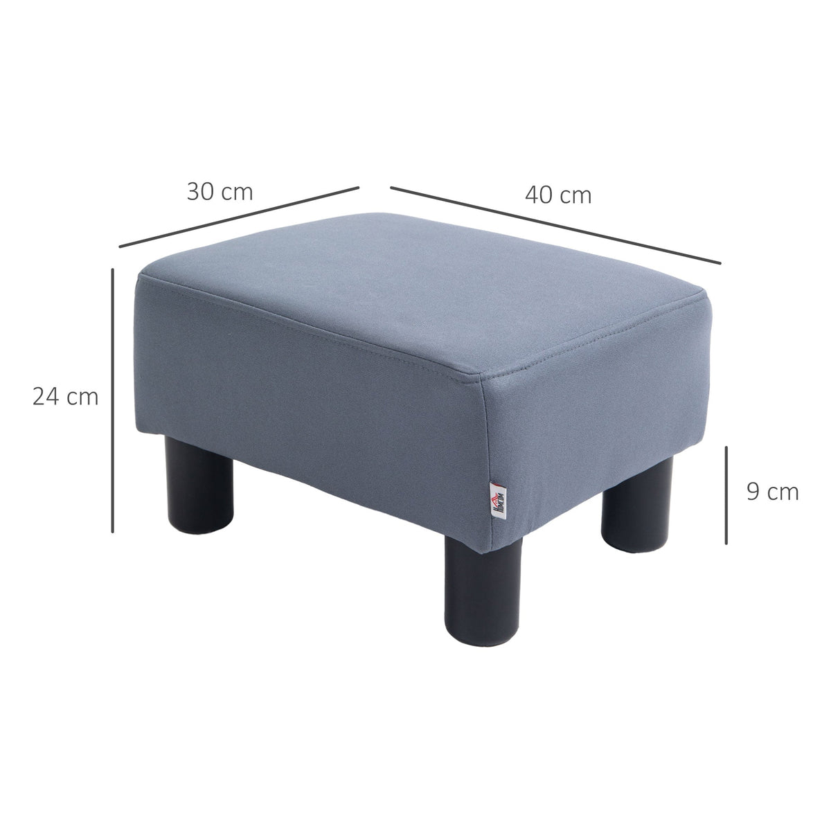 A grey rectangular footstool with dimensions labelled in cm