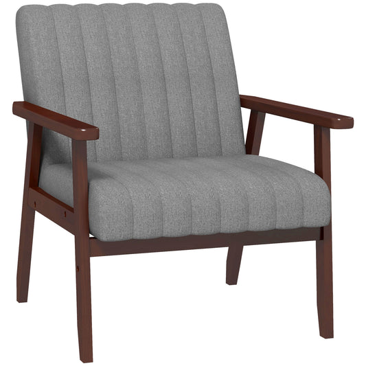 HOMCOM Mid Century Accent Chair with a grey ribbed seat and dark wooden frame on a white background