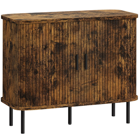 HOMCOM Mid-Century Modern Sideboard Storage Cabinet with slatted doors and black metal legs
