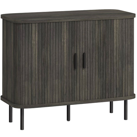 HOMCOM Mid-Century Modern Sideboard Storage Cabinet with slatted tambour sliding doors and steel legs in grey