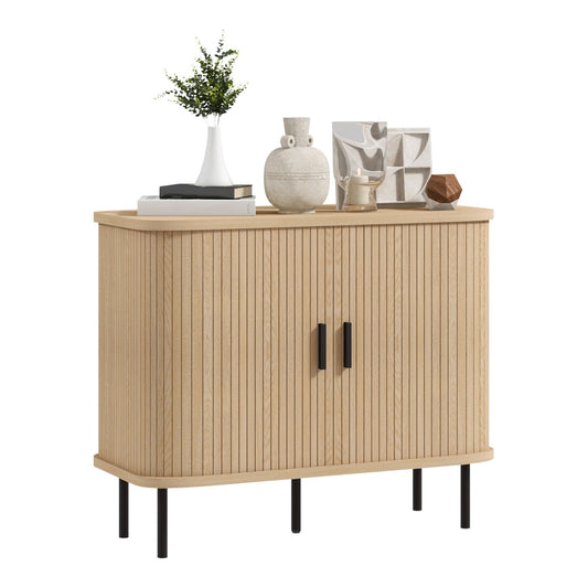 HOMCOM Mid-Century Modern Sideboard Storage Cabinet with slatted tambour sliding doors and steel legs