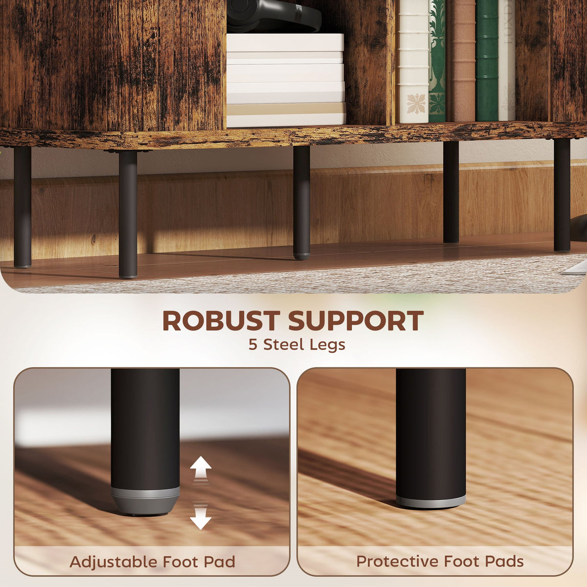 Close up of the cabinet legs showing adjustable and protective foot pads