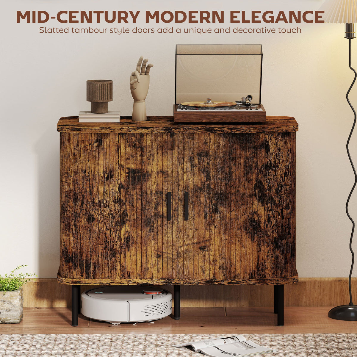 Front view of the rustic brown sideboard cabinet with tambour doors