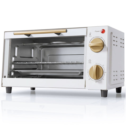 HOMCOM Mini Oven in white with gold knobs and a glass door, shown from a front angle