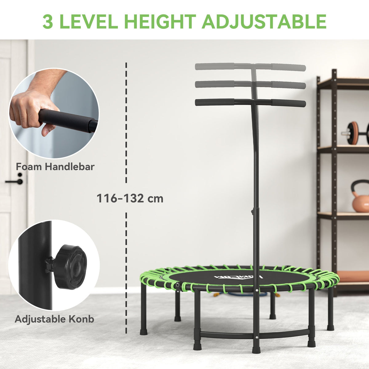 The exercise trampoline highlighting the foam handlebar and the adjustable knob for height settings