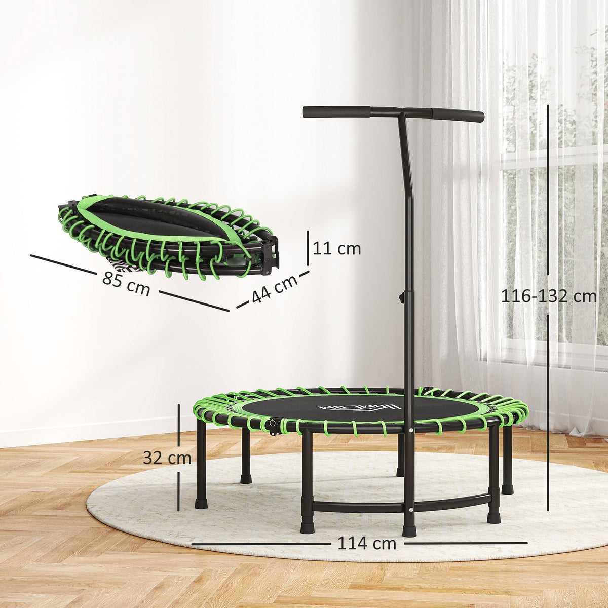 The mini trampoline shown both fully assembled and folded with various dimension lines displayed