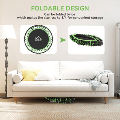 The foldable trampoline shown stored neatly underneath a sofa in a bright living room interior