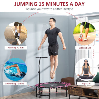 Collage of activities including running, walking, swimming and yoga, with the trampoline