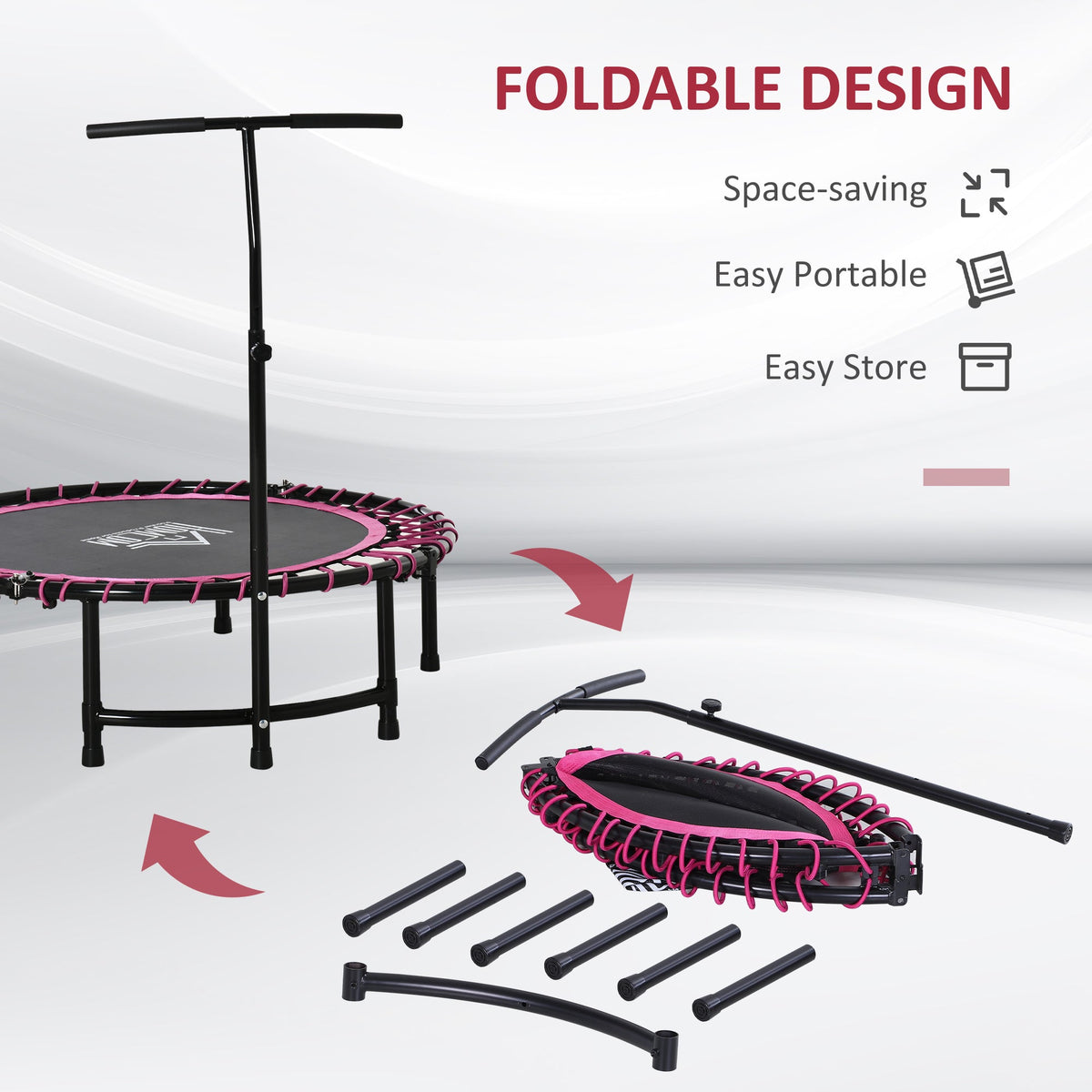 Foldable design of the mini trampoline, showing its parts laid out