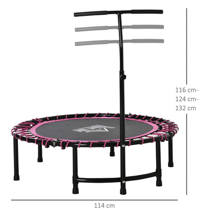 Round steel frame trampoline with pink trim and adjustable handle, showing dimensions