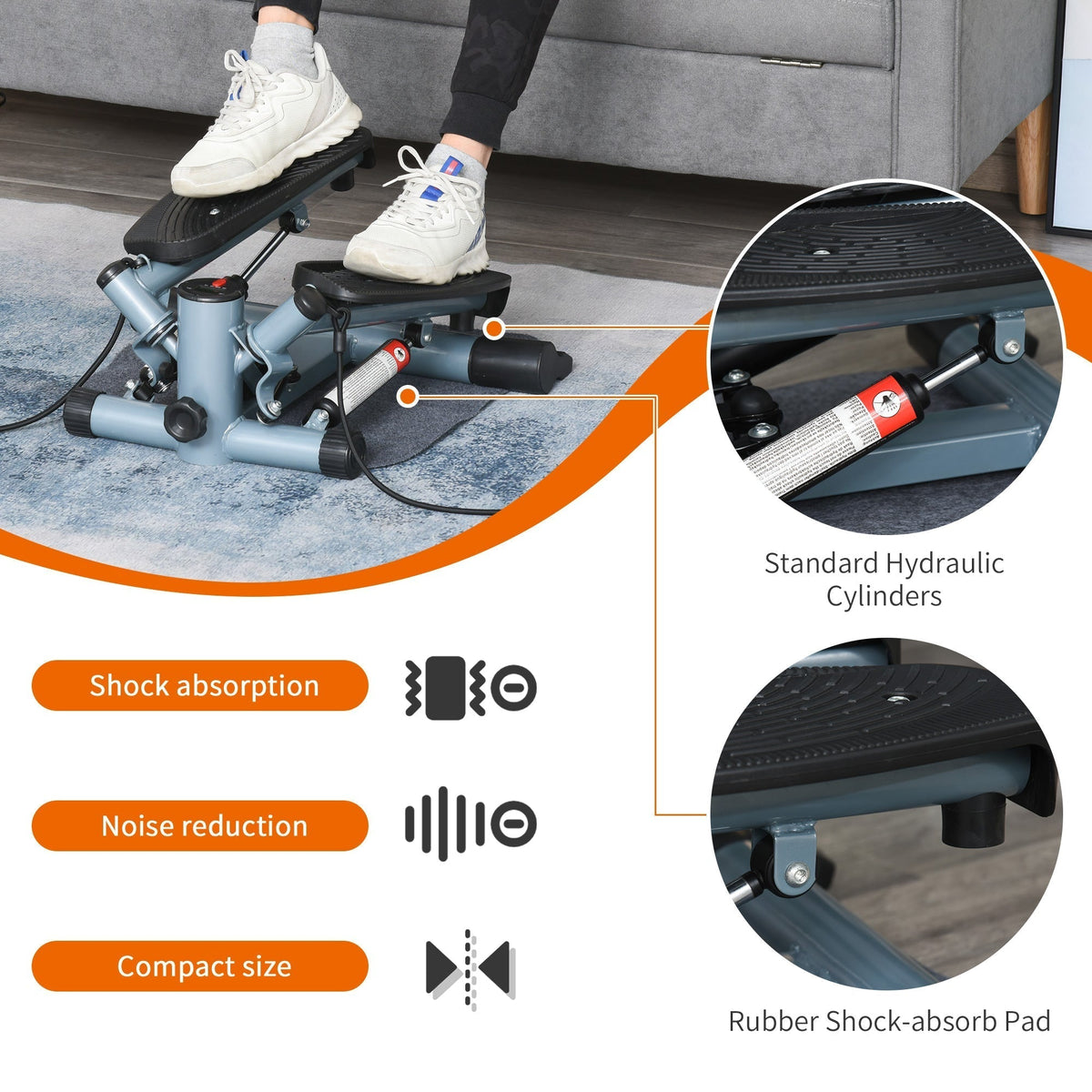 The fitness equipment highlighting the hydraulic cylinders and rubber shock absorbing pads