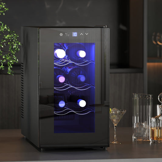 The wine rack cabinet on a counter with a glass door and internal light