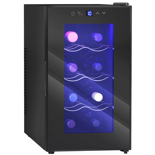 HOMCOM Mini Table Top Wine Fridge with glass door and internal LED light showing 8 bottles