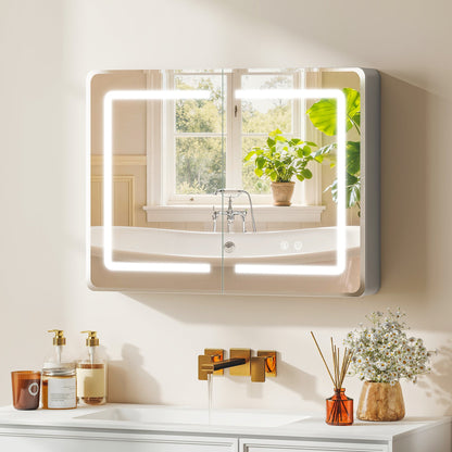 The mirrored bathroom cabinet is shown installed above a sink in a bright, modern bathroom with a bathtub visible