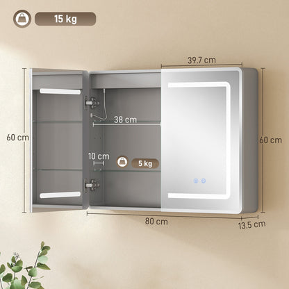 This mirrored bathroom cabinet is shown open with dimensions indicated for height, width, and depth