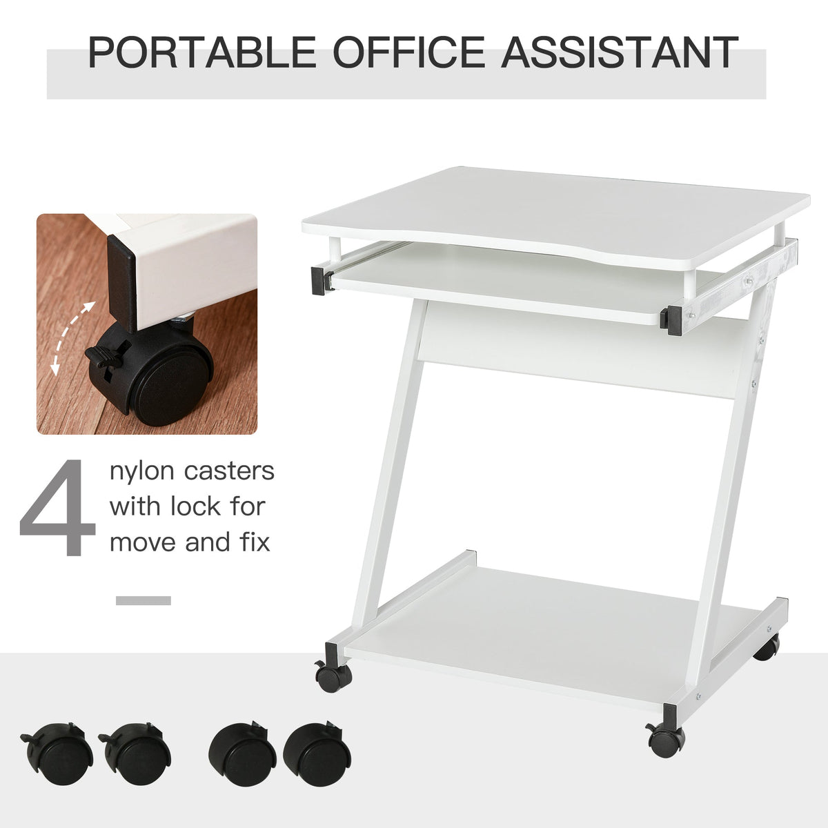 This white Z-shaped writing desk has four nylon casters with locks for easy movement