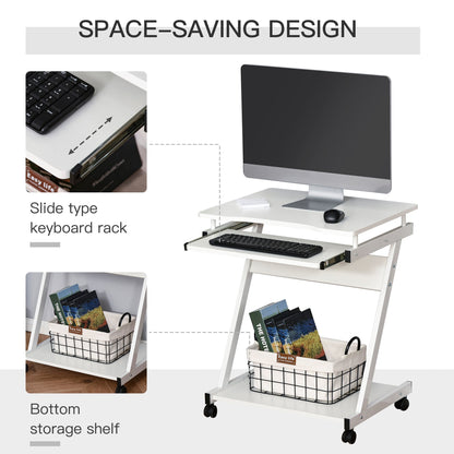 This white Z-shaped writing desk has a sliding keyboard tray and a bottom storage shelf