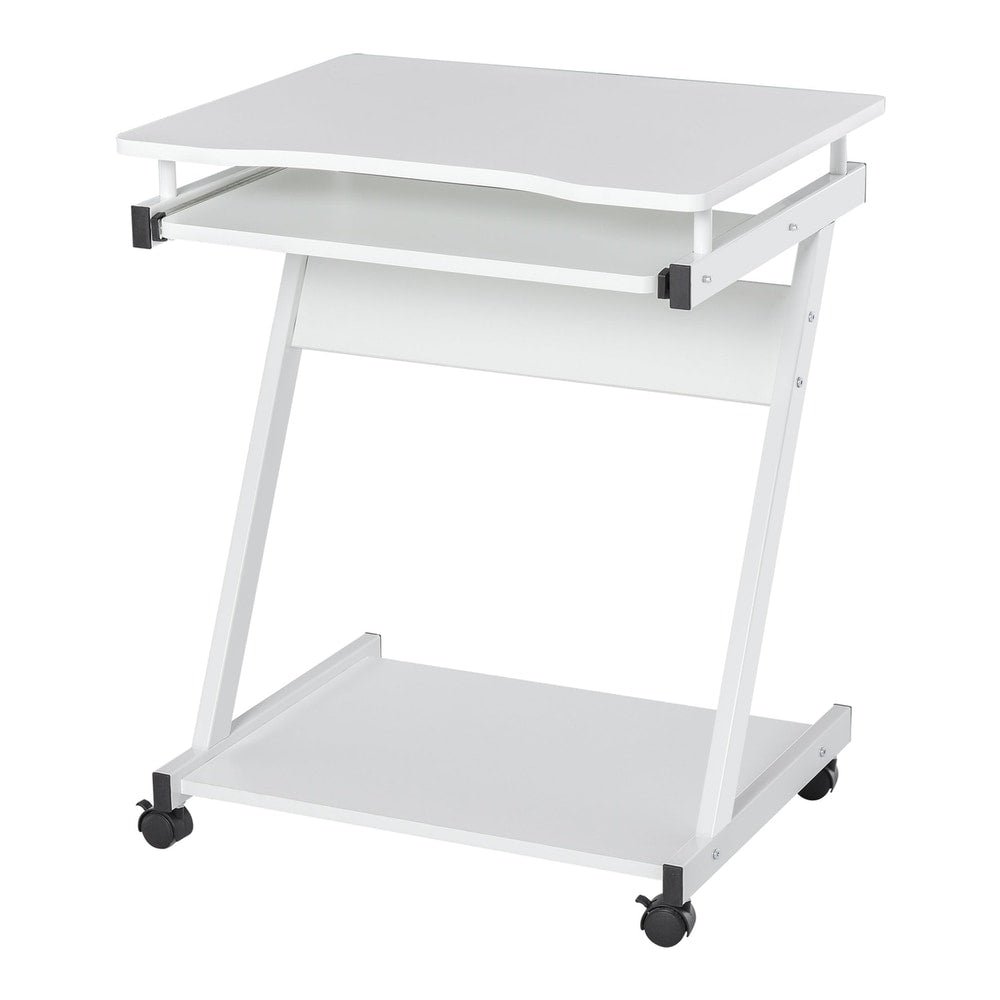 HOMCOM Mobile Computer Desk, a white Z-shaped writing desk with a sliding keyboard tray and a lower shelf