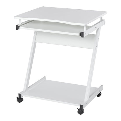 HOMCOM Mobile Computer Desk, a white Z-shaped writing desk with a sliding keyboard tray and a lower shelf