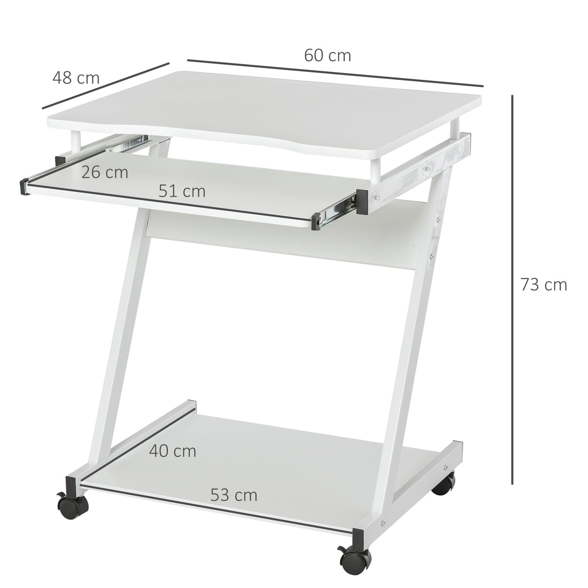 The white Z-shaped writing desk has dimensions shown for height, width and depth