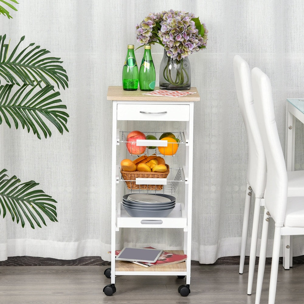 The kitchen trolley is shown in a dining room setting with plates and fruit on its shelves