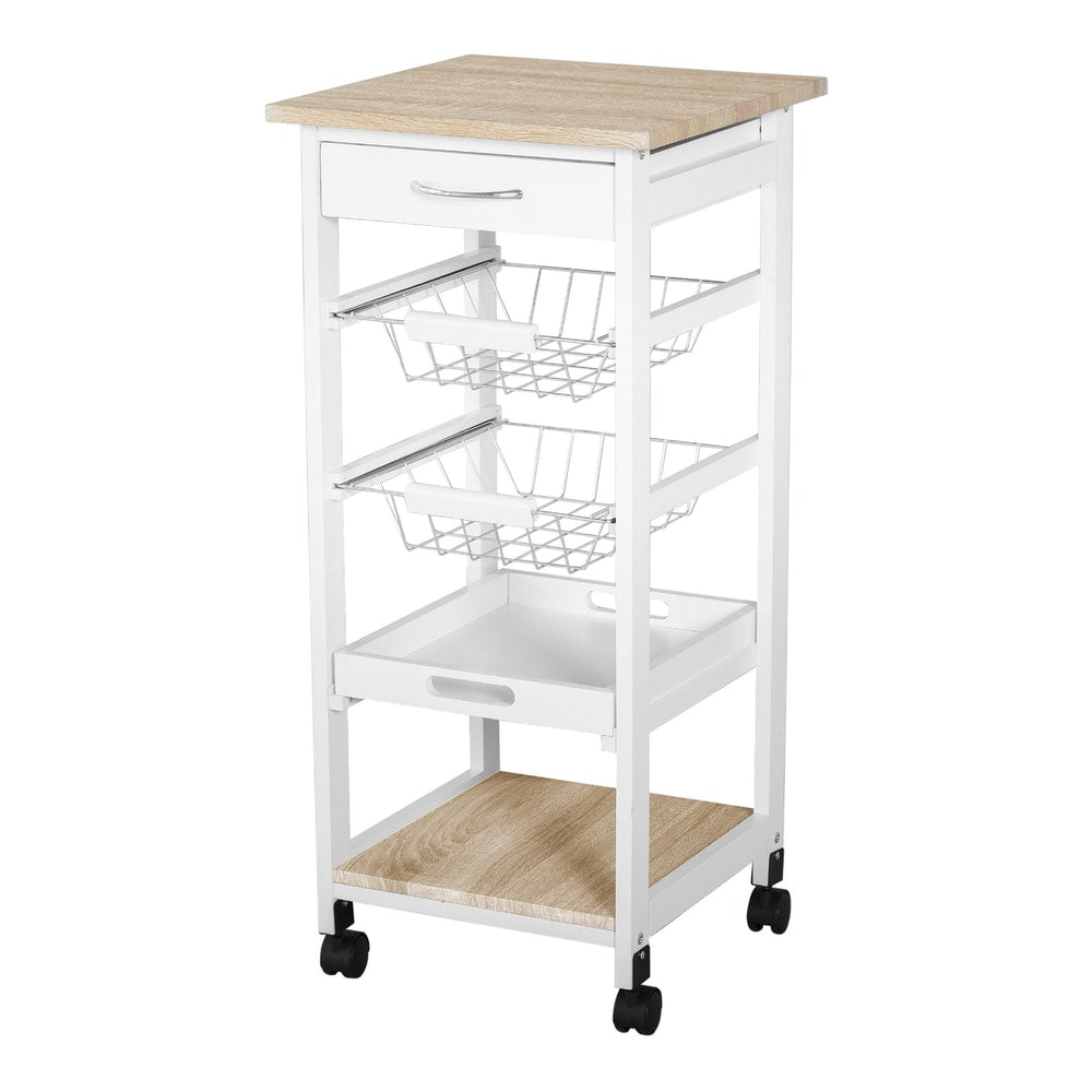 HOMCOM Mobile Rolling Kitchen Island Trolley, a compact white kitchen trolley with wooden top and shelves, on wheels