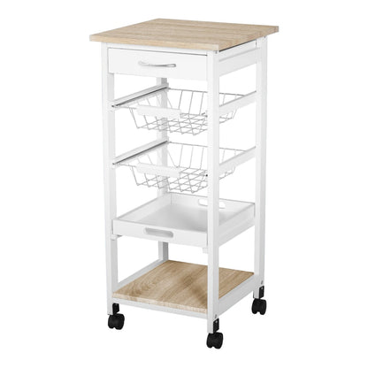 HOMCOM Mobile Rolling Kitchen Island Trolley, a compact white kitchen trolley with wooden top and shelves, on wheels