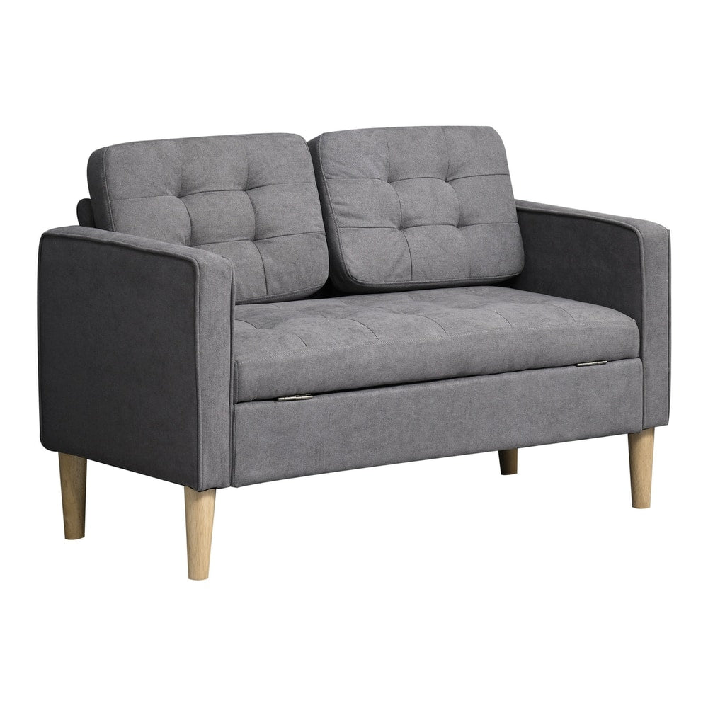 HOMCOM Modern 2 Seater Sofa with Hidden Storage, a compact grey loveseat with tufted cushions and wooden legs
