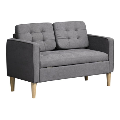 HOMCOM Modern 2 Seater Sofa with Hidden Storage, a compact grey loveseat with tufted cushions and wooden legs