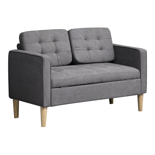 HOMCOM Modern 2 Seater Sofa with Hidden Storage, a compact grey loveseat with tufted cushions and wooden legs