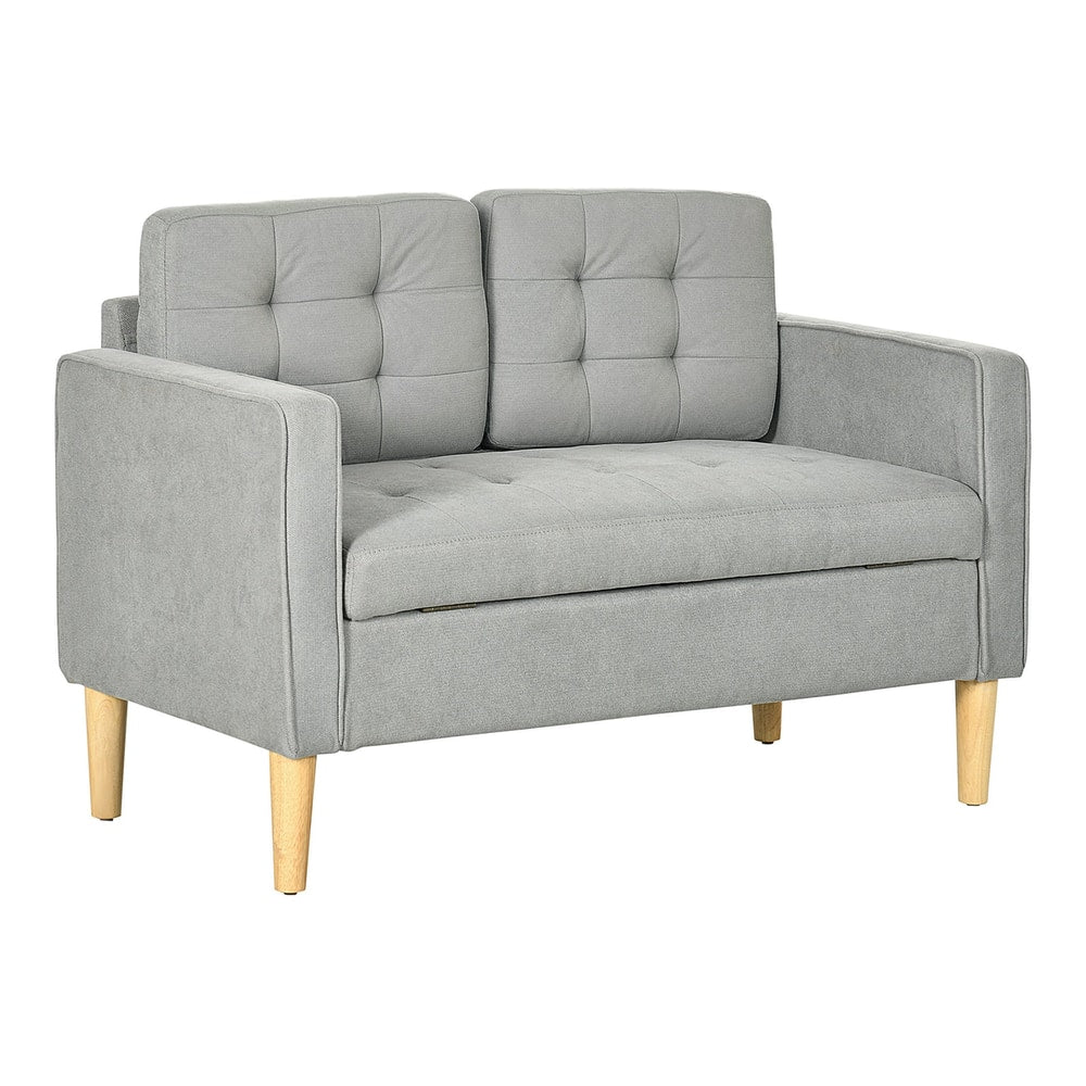 HOMCOM Modern 2 Seater Sofa with Hidden Storage, a light grey tufted cotton couch with four wooden legs