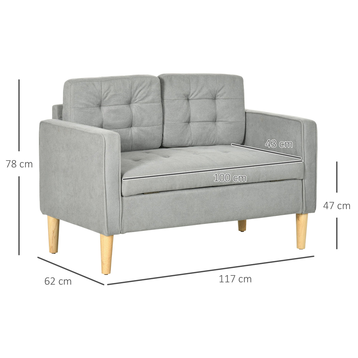 A light grey tufted cotton couch with dimensions labelled