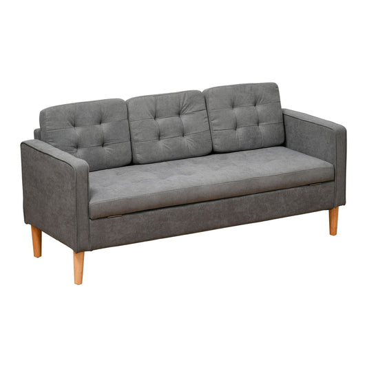 HOMCOM Modern 3 Seater Sofa with Hidden Storage, grey snow flannel couch with tufted back and wood legs