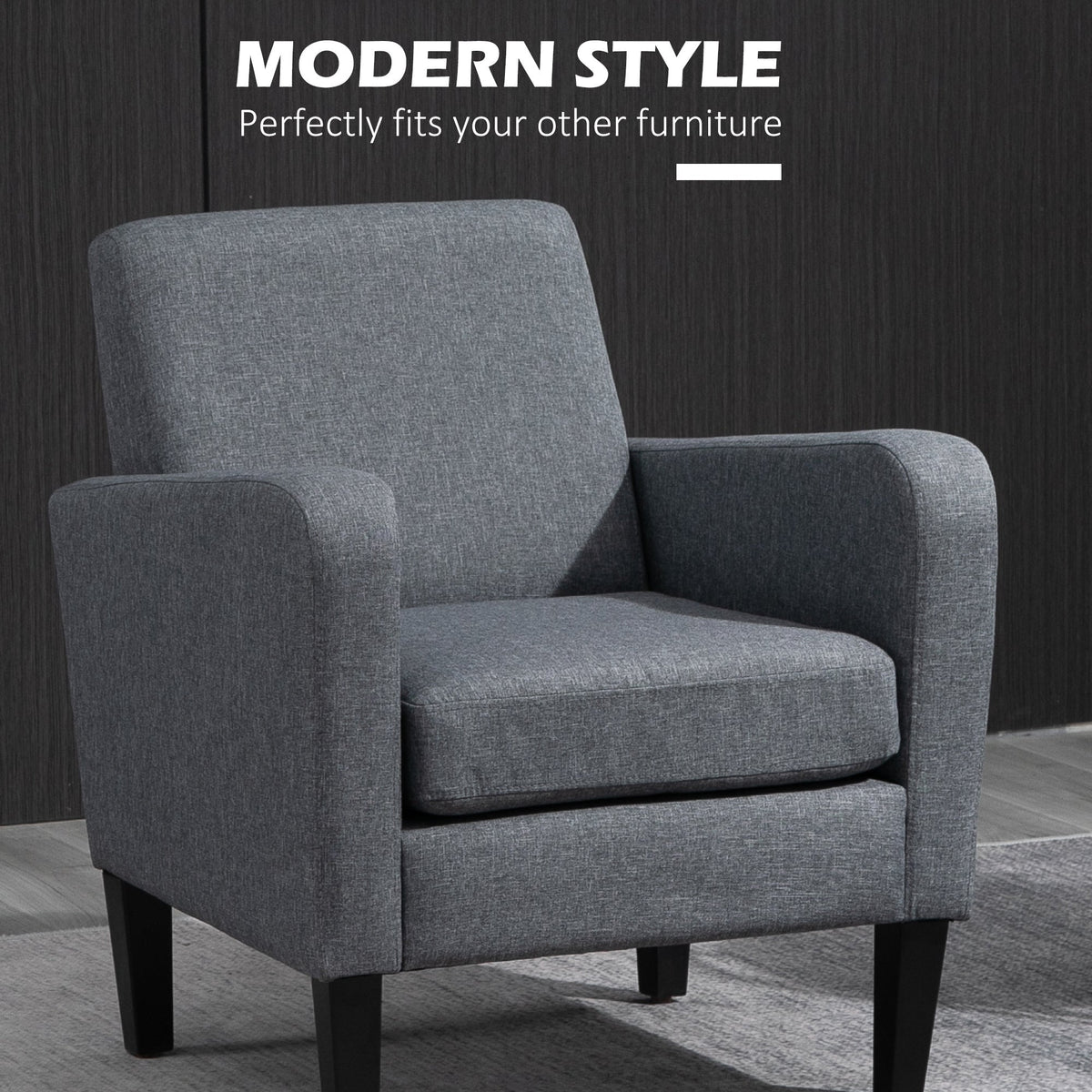 The occasional chair positioned against a dark wood panel wall with modern style text