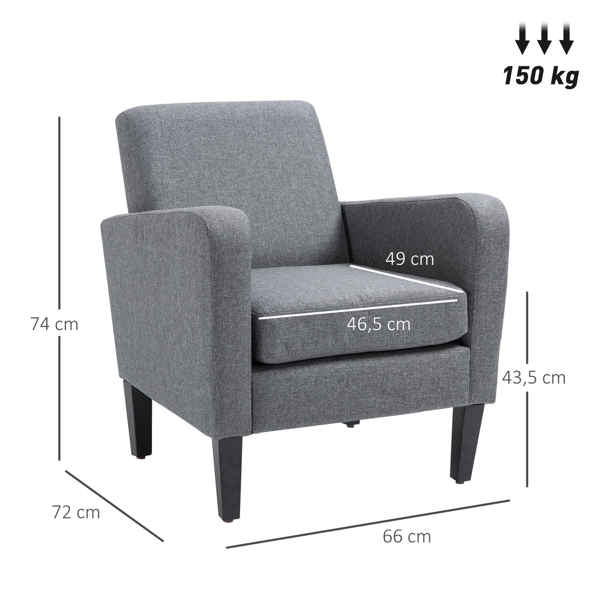 The grey accent chair showing various dimensions and weight capacity with white lines