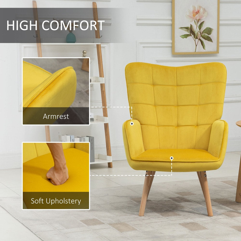 Close up of the soft upholstery and armrest of the yellow velvet armchair