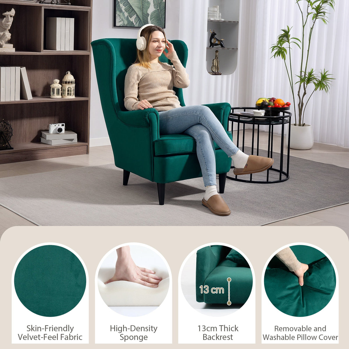 The upholstered armchair shown with four circular insets highlighting fabric and padding