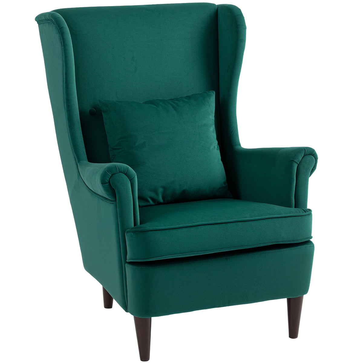 HOMCOM Modern Accent Chair in dark green with a matching scatter cushion and dark wooden legs