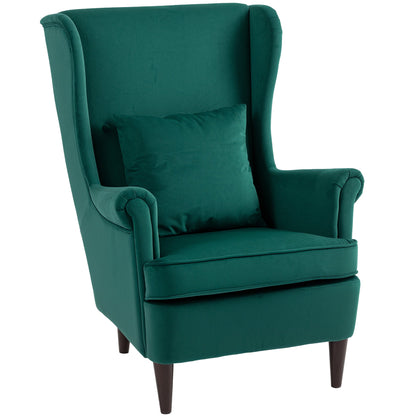 HOMCOM Modern Accent Chair in dark green with a matching scatter cushion and dark wooden legs