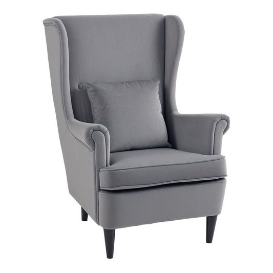 HOMCOM Modern Accent Chair upholstered in dark grey velvet-feel fabric with a matching pillow and solid wood legs