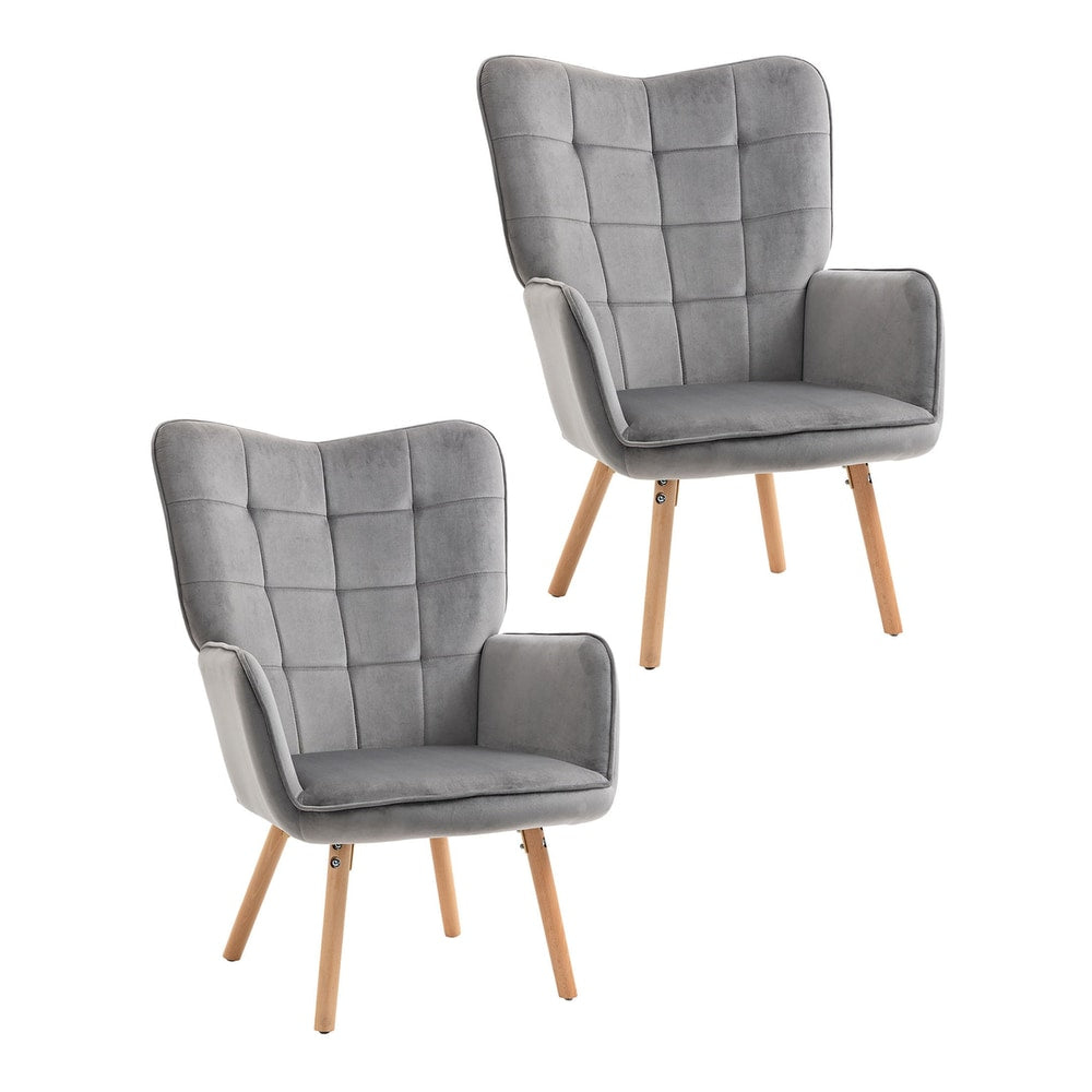 HOMCOM Modern Accent Chair upholstered grey velvet-touch armchair with tufted back and wooden legs