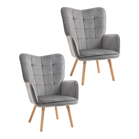 HOMCOM Modern Accent Chair upholstered grey velvet-touch armchair with tufted back and wooden legs