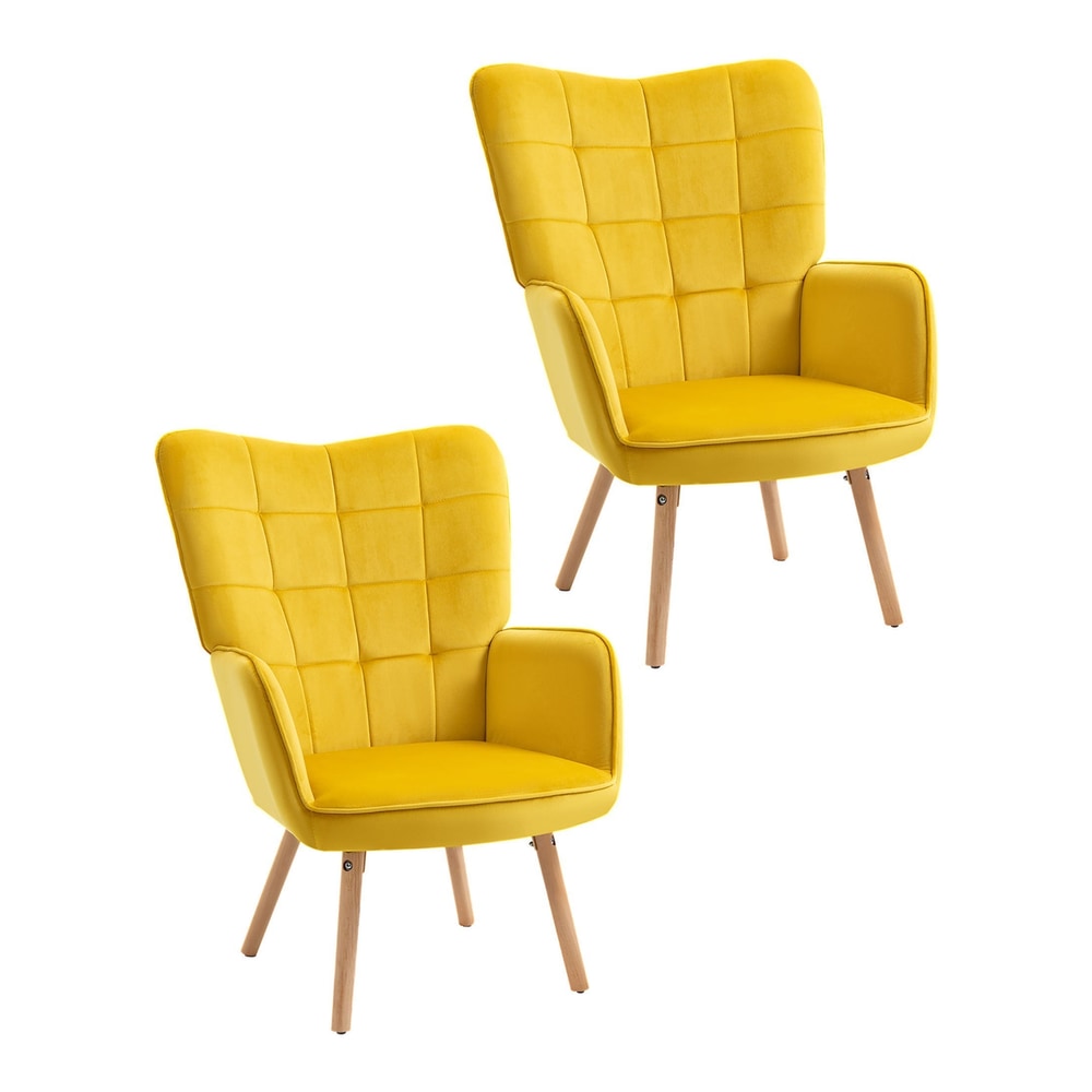 HOMCOM Modern Accent Chair set of two yellow tufted wingback armchairs with light wooden legs